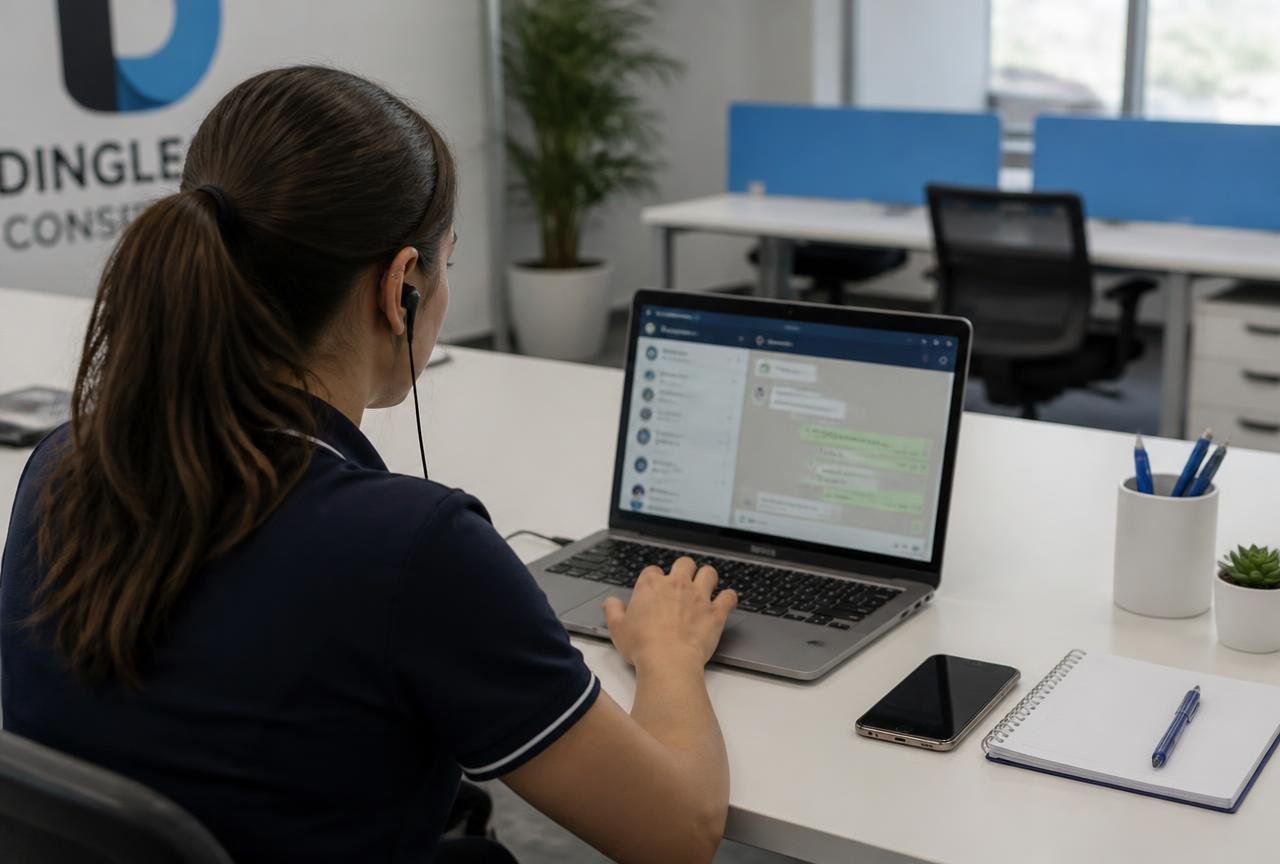 Atendente de pequena empresa acompanha conversas automatizadas de WhatsApp no notebook
