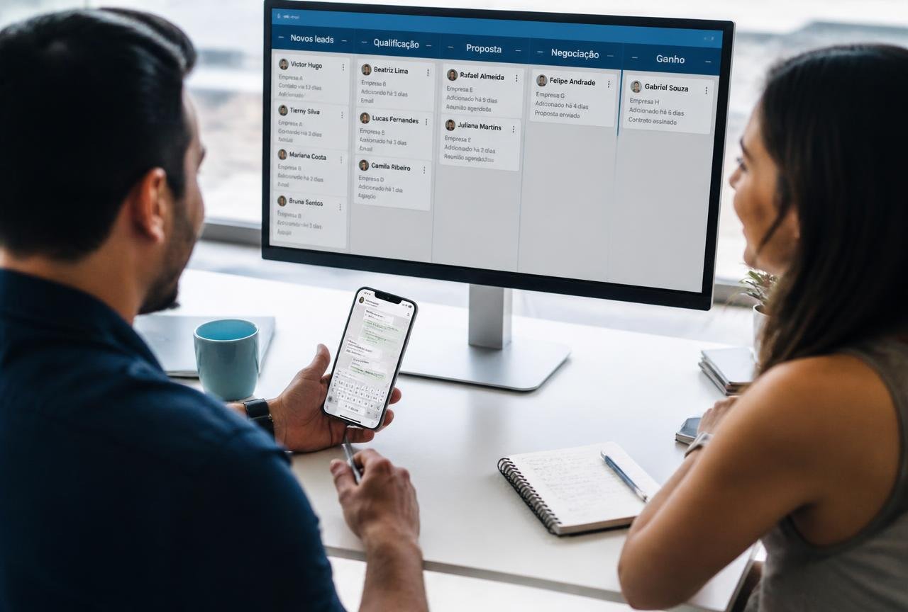 Equipe de vendas de uma pequena empresa acompanhando funil de oportunidades em monitor enquanto responde cliente pelo celular