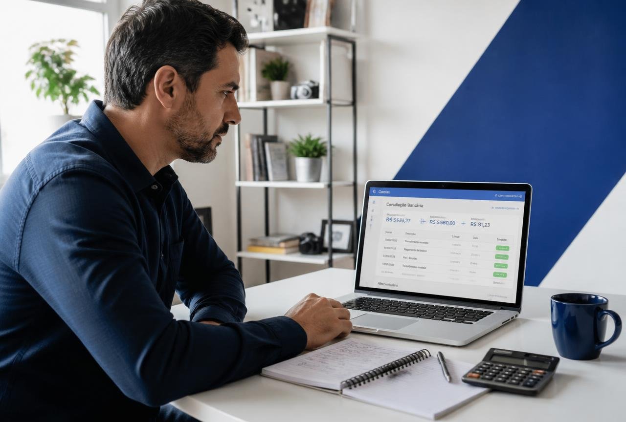 Empresário brasileiro analisa tela de conciliação bancária em notebook sobre mesa clara com calculadora e caderno