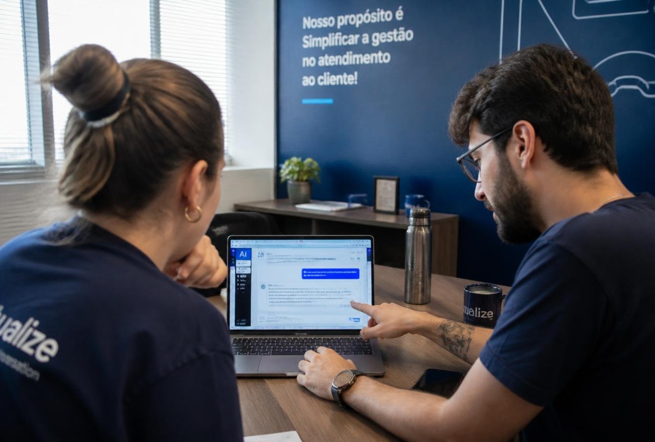 Dois profissionais em escritório brasileiro usam assistente de inteligência artificial no notebook para responder clientes