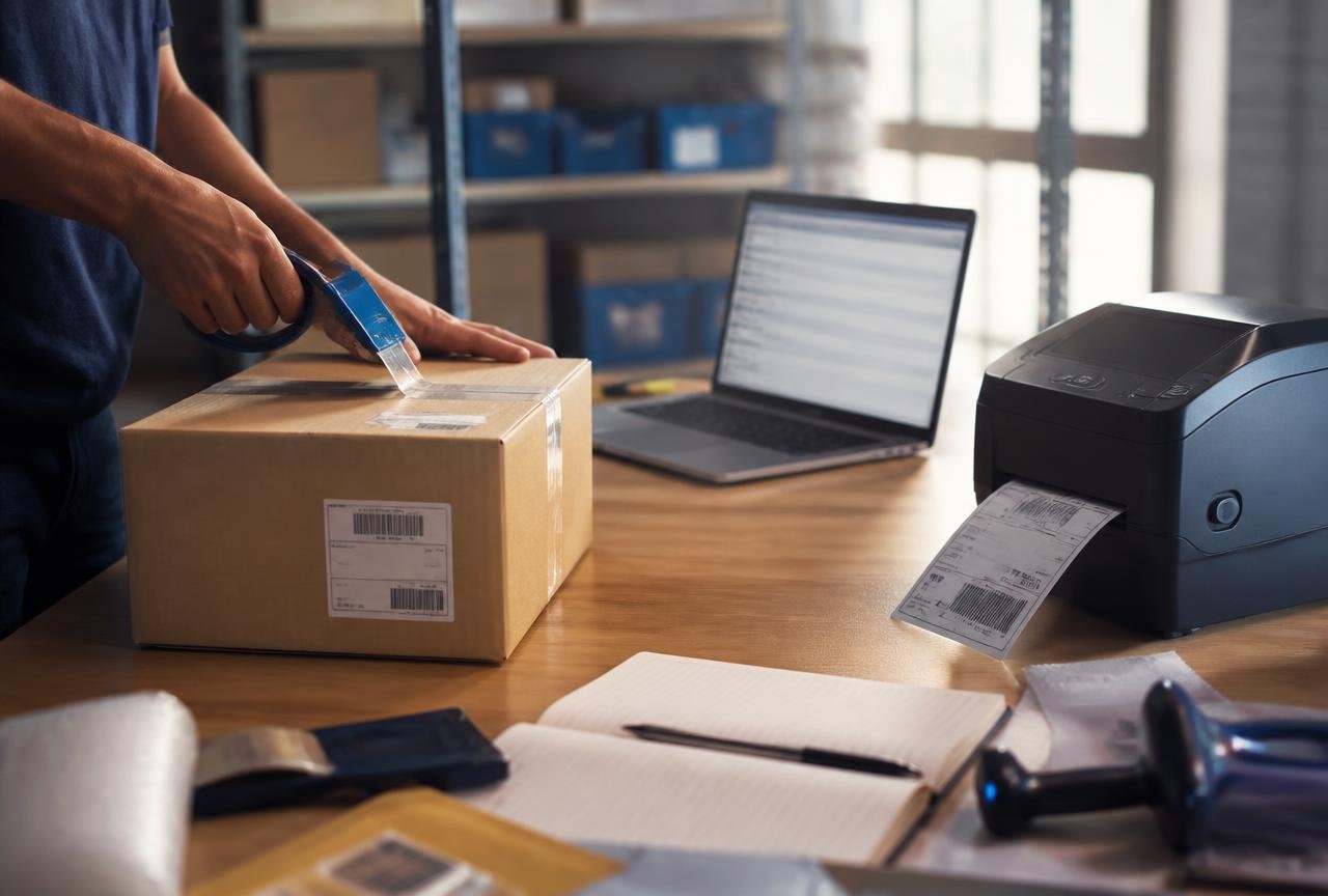 Lojista brasileiro embalando um pedido em estação de expedição, com impressora térmica emitindo etiqueta e notebook exibindo lista de pedidos