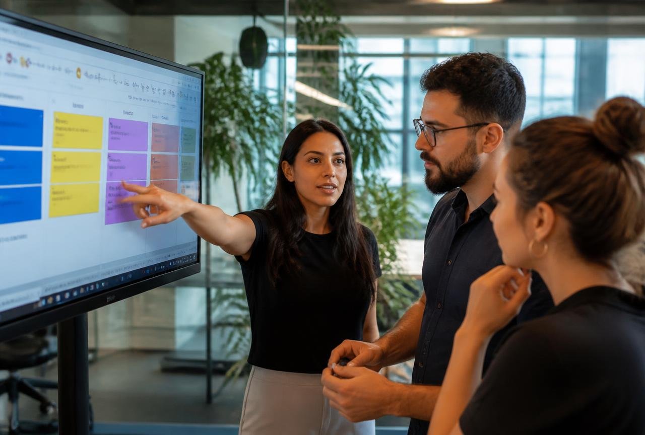 Equipe brasileira de três pessoas analisando um quadro de projetos colorido em um monitor grande, em um coworking iluminado